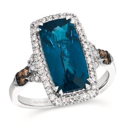 LEVIAN 14K VANILLA GOLD HALO RING SIZE 7 ONE 4.10CT EMERALD DEEP SEA BLUE TOPAZ  38=0.20TW ROUND VS2-SI1 NUDE DIAMONDS  AND 6=0.05TW ROUND CHOCOLATE DIAMONDS   (6.11 GRAMS)