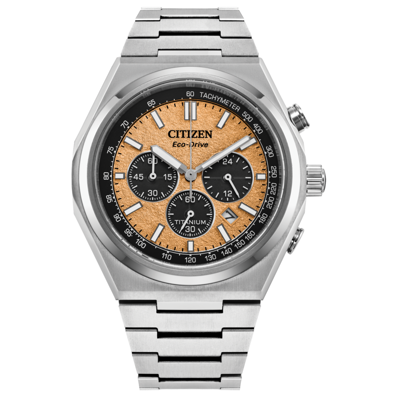 GENTS CITIZEN ECO DRIVE FORZA CHRONO WATCH SUPER TITANIUM BRACELET STRAP AND CASE WITH TEXTURED SALMON COLORED DIAL