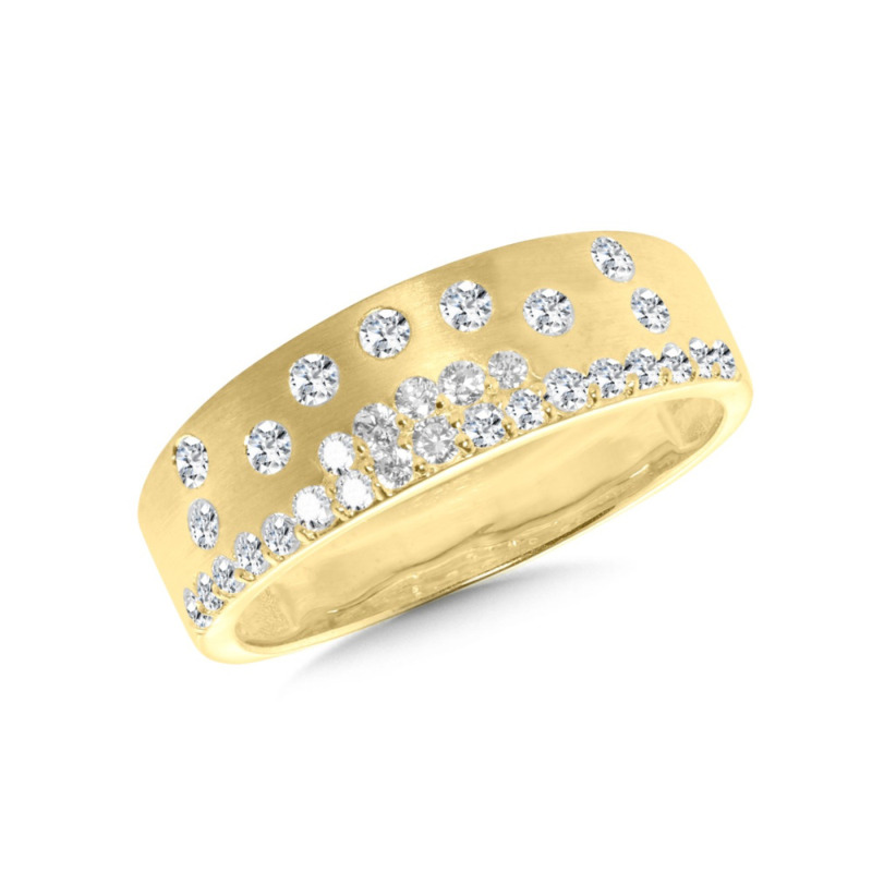 14K YELLOW GOLD BRUSHED FLUSH SET DIAMOND FASHION RING SIZE 7 WITH 31 = 0.38TW ROUND H-I SI2 DIAMONDS   (4.17 GRAMS)