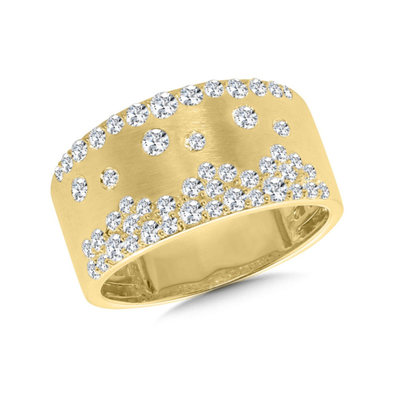 14K YELLOW GOLD BRUSHED FLUSH SET DIAMOND FASHION RING SIZE 7 WITH 50 = 0.87TW ROUND H-I SI2 DIAMONDS   (6.55 GRAMS)