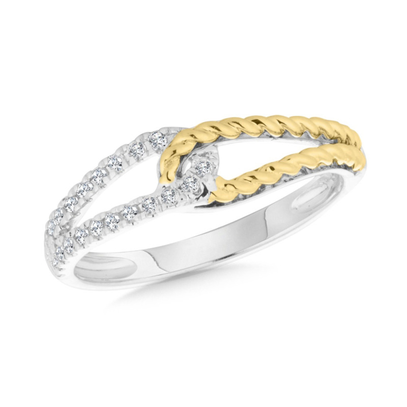 14K YELLOW & WHITE GOLD ROPE PRONG SET DIAMOND FASHION RING SIZE 7 WITH 22 = 0.14TW ROUND H SI2-I1 DIAMONDS   (2.23 GRAMS)