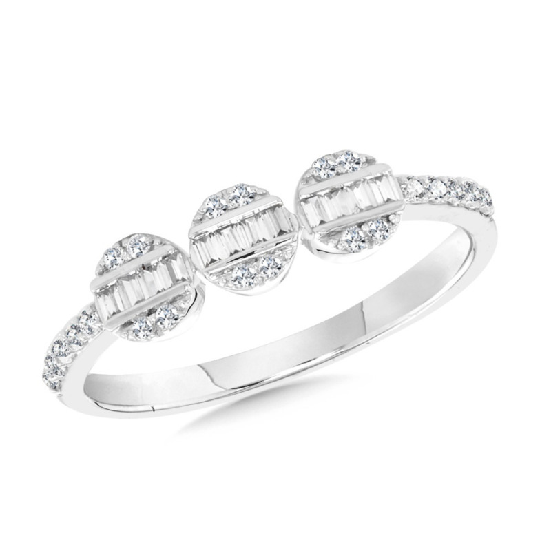 14K WHITE GOLD CLUSTER DIAMOND FASHION RING SIZE 7 WITH 31 = 0.33TW VARIOUS SHAPES (9 BAGUETTES & 22 ROUNDS) H-I SI2-I1 DIAMONDS   (1.95 GRAMS)