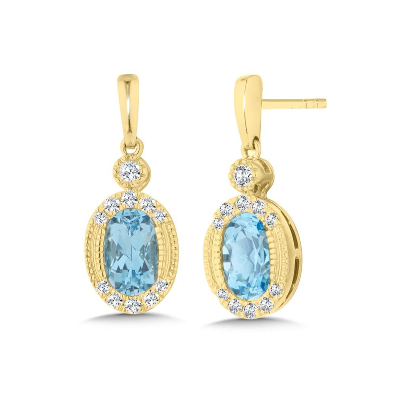 14K YELLOW GOLD MILGRAIN DROP EARRINGS WITH 2 = 1.40TW OVAL BLUE TOPAZS AND 22 = 0.14TW ROUND H-I I1 DIAMONDS  (2.14 GRAMS)