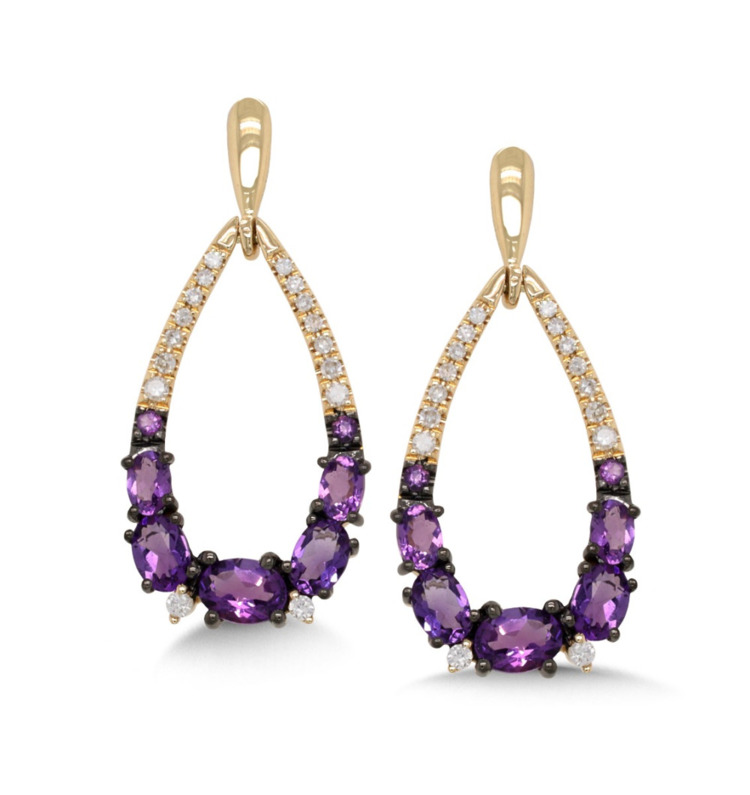 14K YELLOW GOLD DANGLE EARRINGS WITH 14 = 0.87TW VARIOUS SHAPES (10 OVALS & 4 ROUNDS) AMETHYSTS AND 32 = 0.11TW SINGLE CUT H-I I1 DIAMONDS  (2.65 GRAMS)