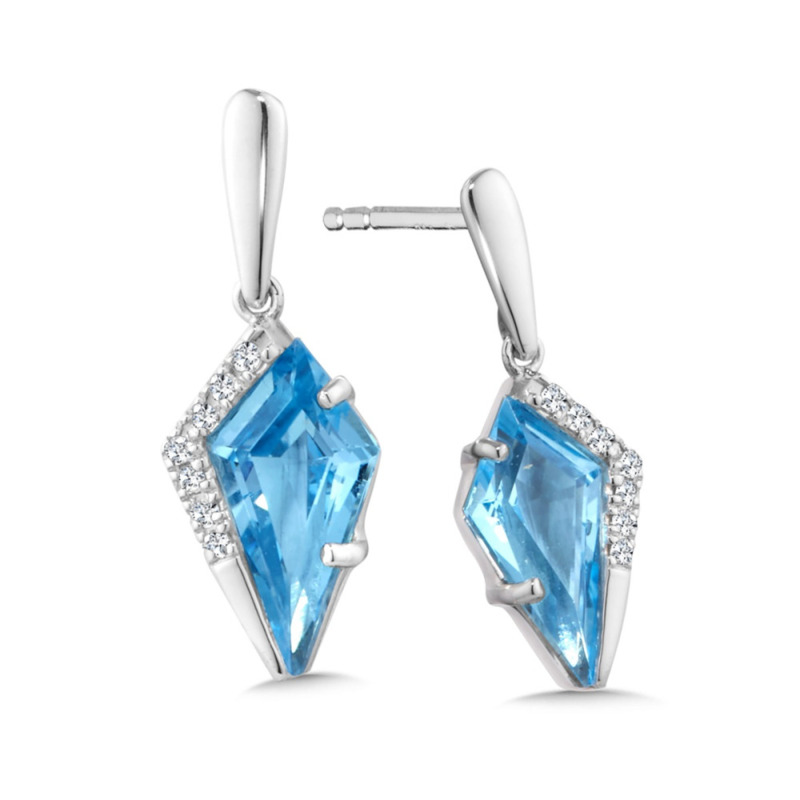 14K WHITE GOLD DROP EARRINGS WITH 2 = 1.54TW KITE SHAPES BLUE TOPAZS AND 14 = 0.04TW ROUND H-I I1 DIAMONDS   (2.19 GRAMS)