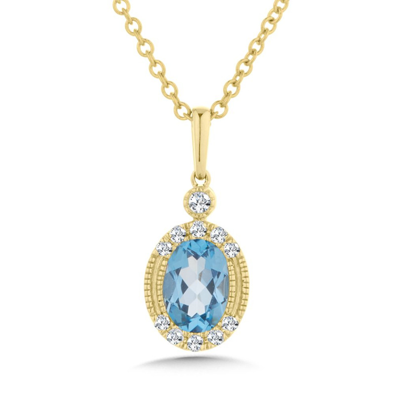 14K YELLOW GOLD MILGRAIN HALO PENDANT WITH ONE = 1.20CT OVAL BLUE TOPAZ AND 11 = 0.10TW ROUND H-I I1 DIAMONDS 18