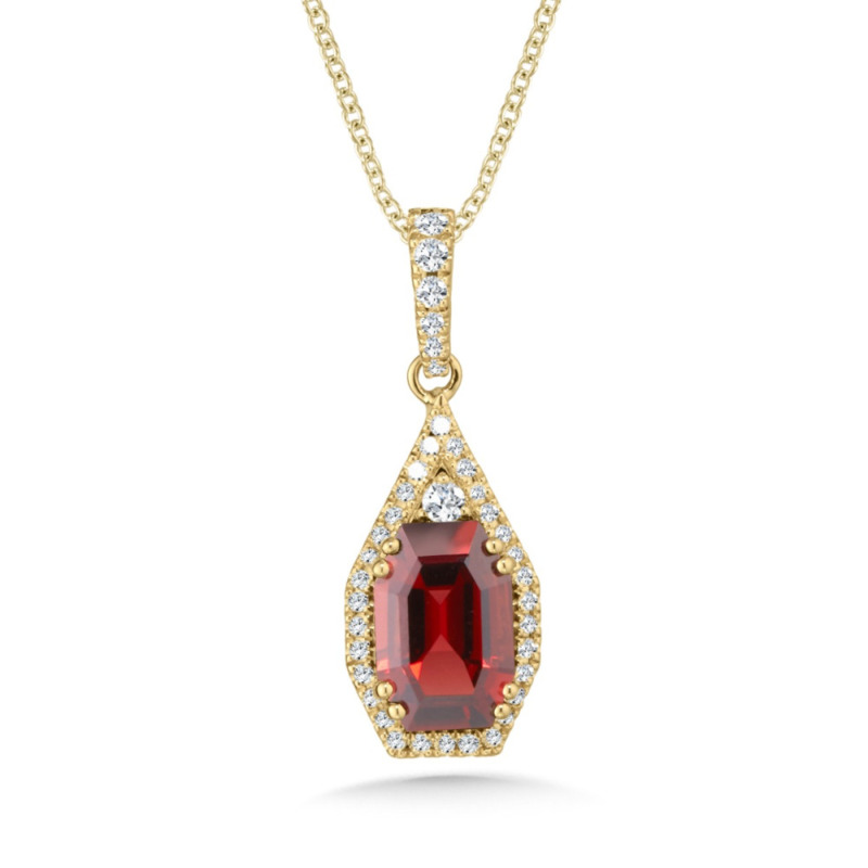 14K YELLOW GOLD HALO PENDANT WITH ONE = 1.95CT OCTAGON GARNET AND 39 = 0.17TW ROUND H-I I1 DIAMONDS 18