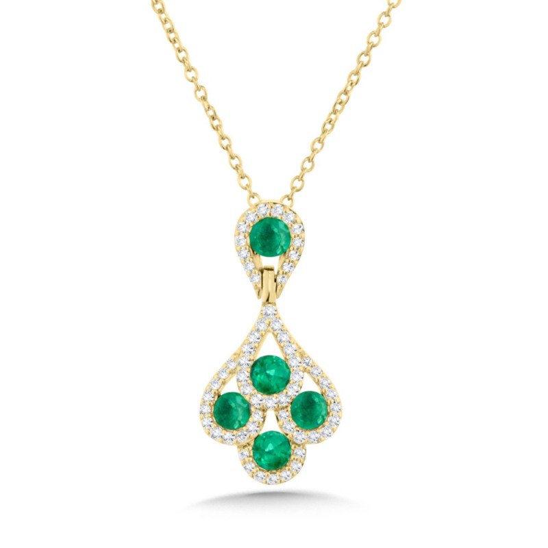 14K YELLOW GOLD DROP PENDANT WITH 5 = 0.38TW ROUND EMERALDS AND 59 = 0.14TW ROUND H-I I1 DIAMONDS 18