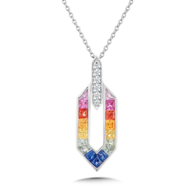 14K WHITE GOLD CHANNEL NECKLACE WITH 17 = 1.27TW VARIOUS SHAPES MULTI COLORED SAPPHIRES AND 5 = 0.06TW ROUND H SI2 DIAMONDS 18