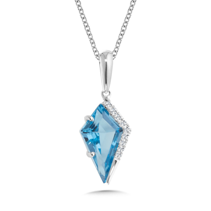 14K WHITE GOLD PENDANT WITH ONE = 1.40CT KITE SHAPE BLUE TOPAZ AND 9 = 0.02TW SINGLE CUT H-I I1 DIAMONDS 18