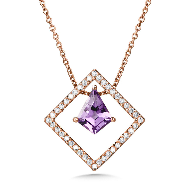 14K ROSE GOLD PENDANT WITH ONE 0.50CT KITE AMETHYST AND 40=0.12TW ROUND H-I I1 DIAMONDS 18