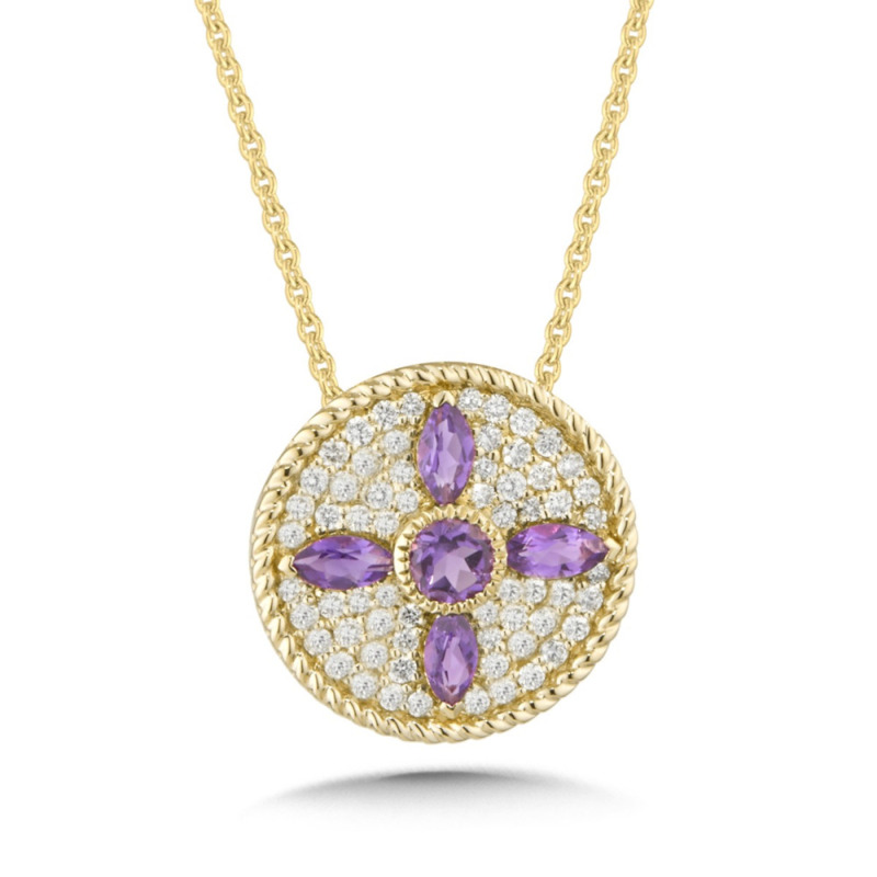 14K YELLOW GOLD ROPE MEDALLION PENDANT WITH 5 = 0.45TW VARIOUS SHAPES (4 MARQUIS & 1 ROUND) AMETHYSTS AND 64 = 0.33TW ROUND H-I I1 DIAMONDS 18