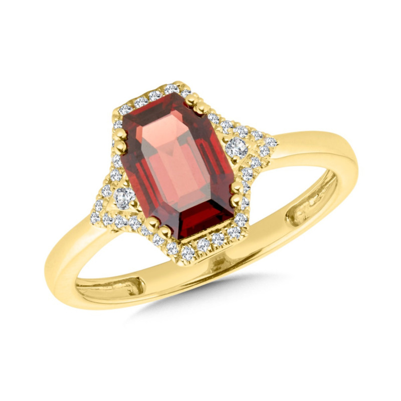 14K YELLOW GOLD HALO RING SIZE 7 WITH ONE = 1.90CT OCTAGON GARNET AND 36 = 0.12TW ROUND H-I I1 DIAMONDS   (1.74 GRAMS)