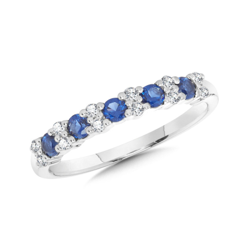 14K WHITE GOLD PRONG SET RING SIZE 7 WITH 5 = 0.50TW ROUND BLUE SAPPHIRES AND 12 = 0.14TW ROUND H-I I1 DIAMONDS   (2.09 GRAMS)