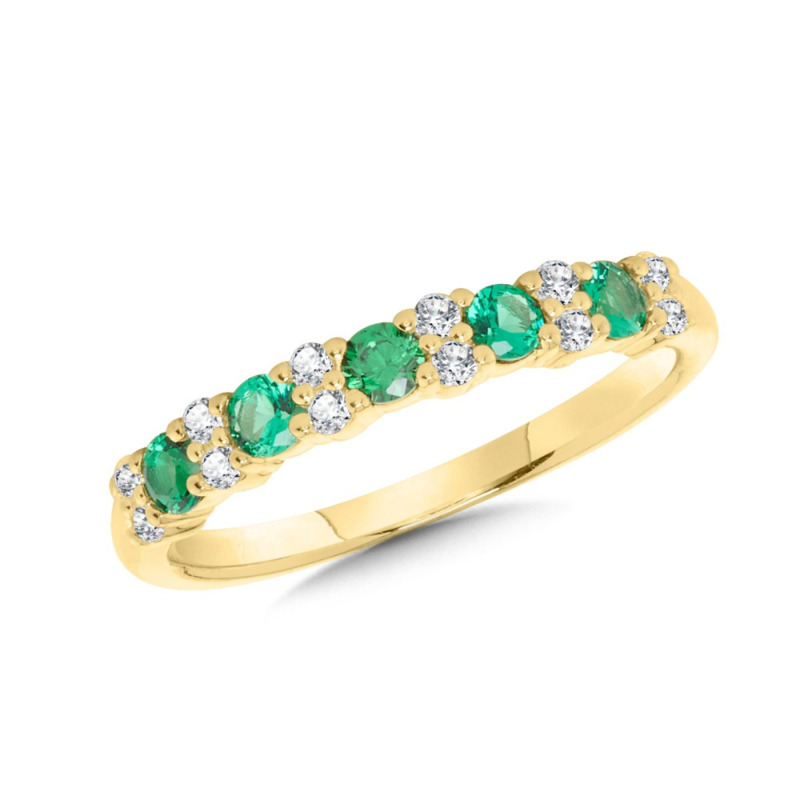 14K YELLOW GOLD PRONG SET RING SIZE 7 WITH 5 = 0.50TW ROUND EMERALDS AND 12 = 0.14TW ROUND H-I I1 DIAMONDS   (2.12 GRAMS)