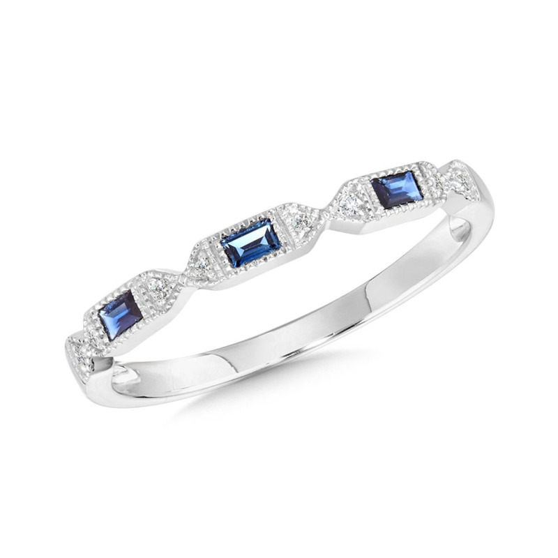 14K WHITE GOLD MILGRAIN STACKABLE RING SIZE 7 WITH 3 = 0.12TW BAGUETTE BLUE SAPPHIRES AND 8 = 0.03TW SINGLE CUT H-I I1 DIAMONDS   (1.42 GRAMS)