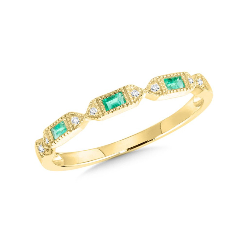 14K YELLOW GOLD MILGRAIN STACKABLE RING SIZE 7 WITH 3 = 0.12TW BAGUETTE EMERALDS AND 8 = 0.03TW SINGLE CUT H-I I1 DIAMONDS   (1.41 GRAMS)