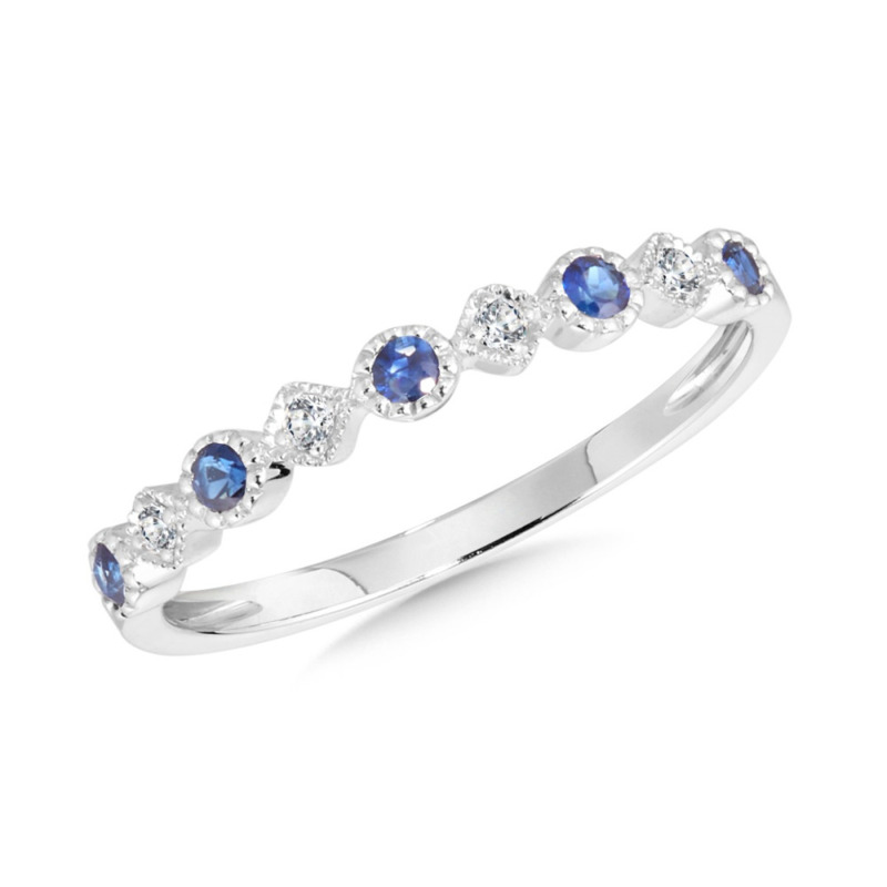 14K WHITE GOLD MILGRAIN STACKABLE RING SIZE 7 WITH 5 = 0.20TW ROUND BLUE SAPPHIRES AND 4 = 0.05TW ROUND H-I I1 DIAMONDS   (1.23 GRAMS)