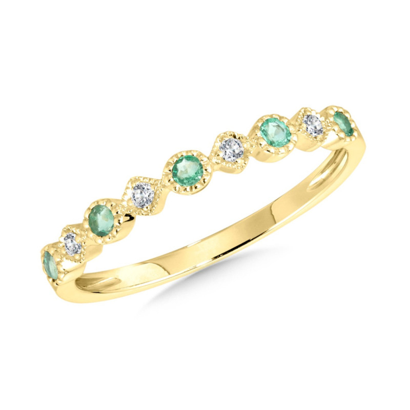 14K YELLOW GOLD MILGRAIN STACKABLE RING SIZE 7 WITH 5 = 0.20TW ROUND EMERALDS AND 4 = 0.05TW ROUND H-I I1 DIAMONDS  (1.24 GRAMS)