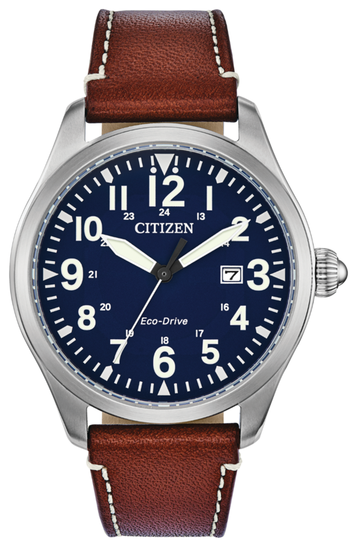 MEN'S CITIZEN ECO DRIVE GARRISON WATCH STAINLESS STEEL CASE  BLUE DIAL WITH BROWN LEATHER STRAP