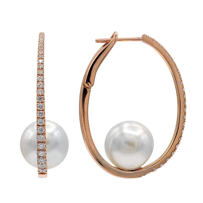 18K ROSE GOLD HOOP EARRING WITH 2 = 10.00-11.00MM SOUTH SEA PEARLS AND 52 = 0.55TW ROUND H-I SI2-I1 DIAMONDS