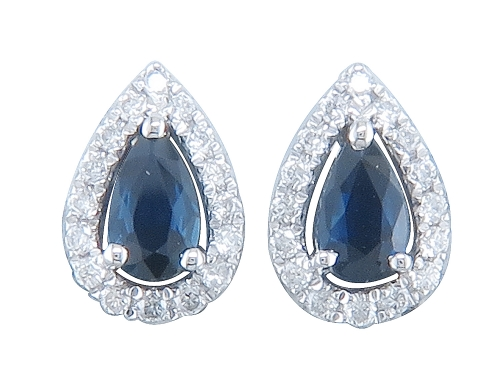 14K WHITE GOLD HALO EARRINGS WITH 2=0.47TW PEAR BLUE SAPPHIRES AND 32=0.15TW ROUND G-H SI2 DIAMONDS   (1.40 GRAMS).