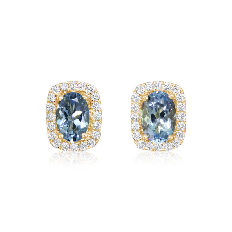 14K YELLOW GOLD STUD EARRINGS WITH 2=0.76TW OVAL AQUAS AND 44=0.22TW ROUND G-H SI1 DIAMONDS   (1.89 GRAMS)