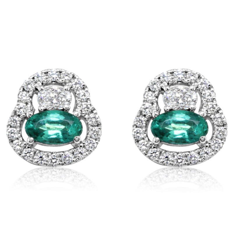 14K WHITE GOLD STUD EARRINGS WITH 2=0.50TW OVAL EMERALDS AND 42=0.32TW VARIOUS SHAPES (2 OVALS & 40 ROUNDS) G-H SI1 DIAMONDS  (2.04 GRAMS)