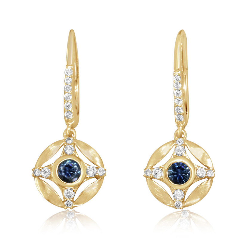 14K YELLOW GOLD SATIN DANGLE EARRINGS WITH 2=0.44TW ROUND MONTANA SAPPHIRES AND 28=0.23TW ROUND H-I SI2 DIAMONDS   (2.52 GRAMS)