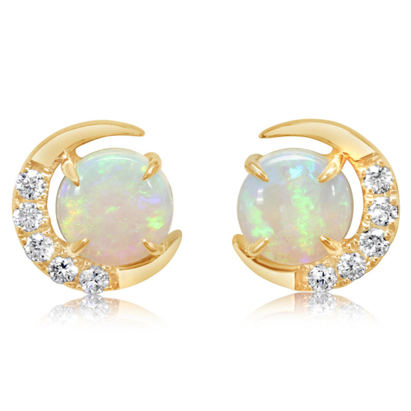 14K YELLOW GOLD STUD EARRINGS WITH 2=0.90TW CABOCHON AUSTRALIAN OPALS AND 10=0.11TW ROUND G-H SI1 DIAMONDS   (2.46 GRAMS)