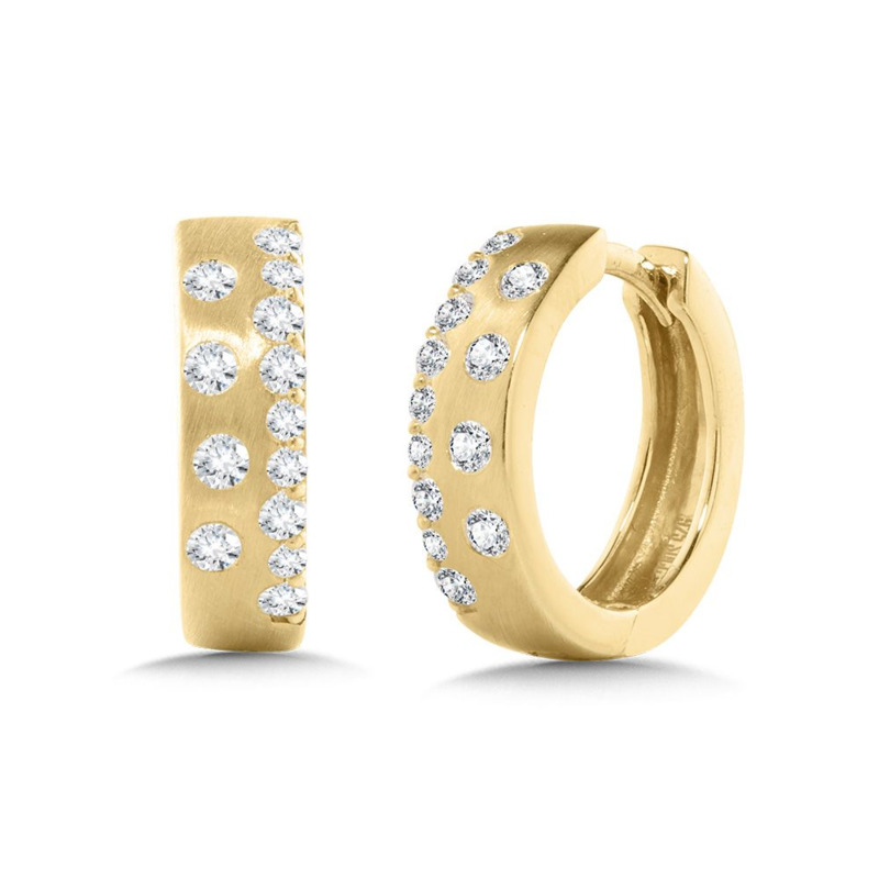 14K YELLOW GOLD SATIN HOOP DIAMOND EARRINGS WITH 28 = 0.36TW ROUND H-I I1 DIAMONDS   (3.76 GRAMS)