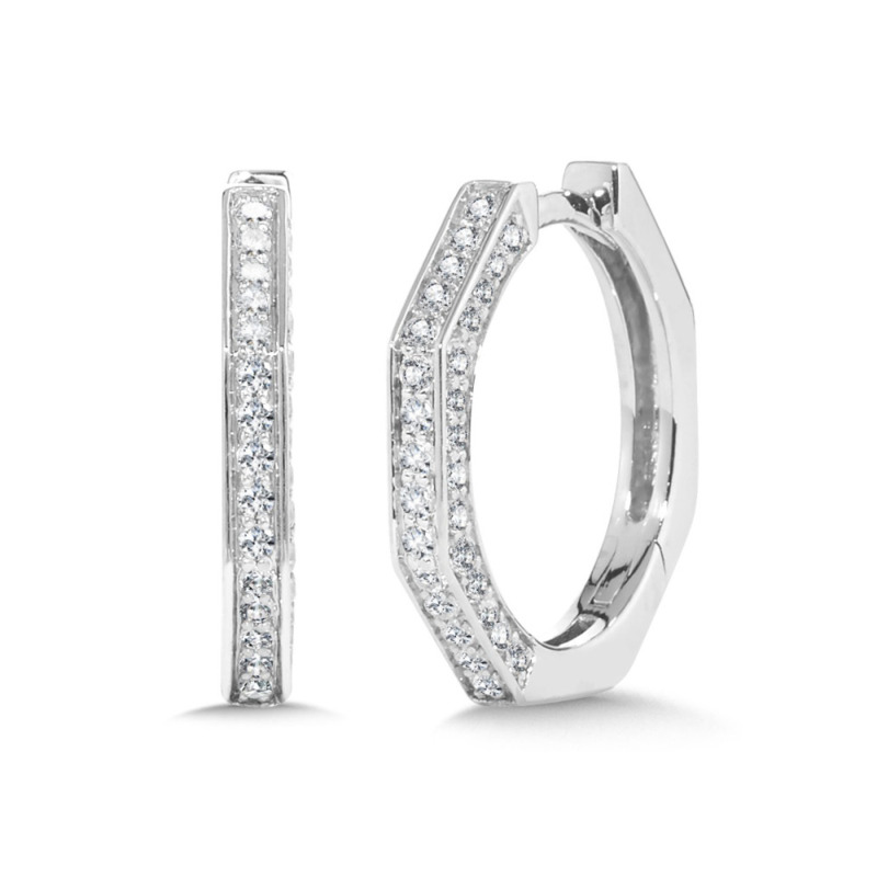 14K WHITE GOLD GEOMETRIC HOOP DIAMOND EARRINGS WITH 58 = 0.33TW ROUND H-I I1 DIAMONDS  (3.32 GRAMS)