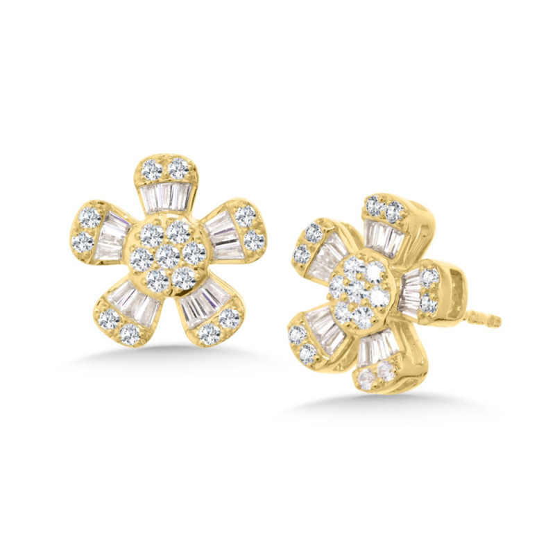 14K YELLOW GOLD STUD DIAMOND EARRINGS WITH 54 = 1.00TW VARIOUS SHAPES (34 ROUNDS & 20 BAGUETTES) H-I SI2-I1 DIAMONDS   (3.53 GRAMS)