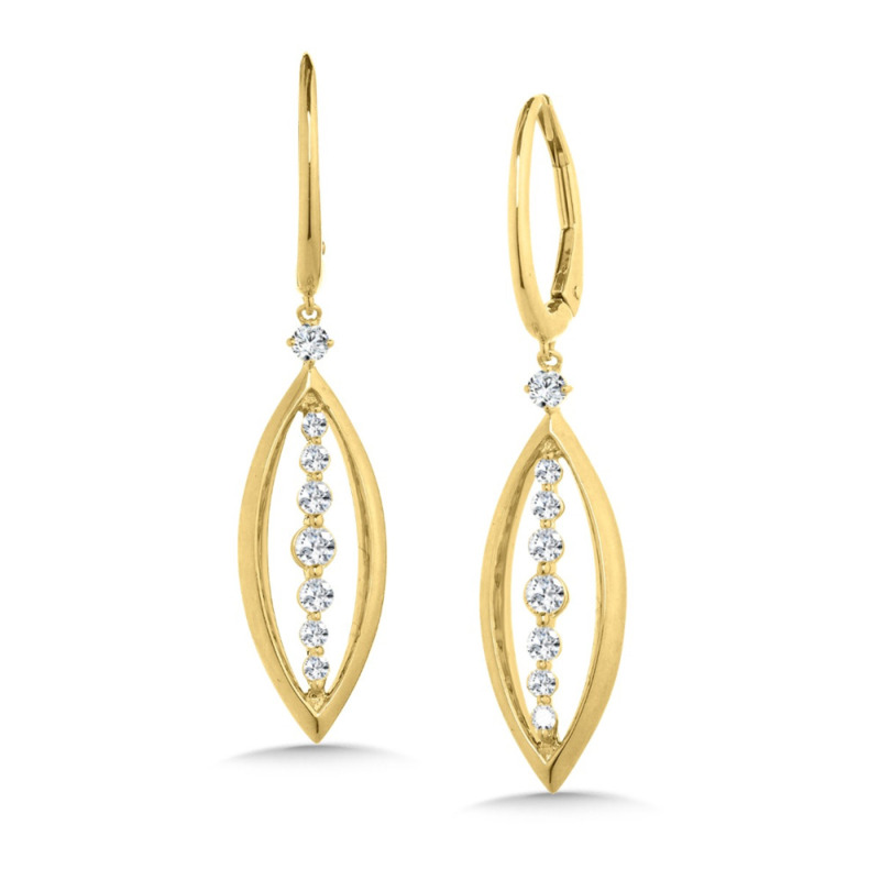 14K YELLOW GOLD DANGLE DIAMOND EARRINGS WITH 16 = 0.50TW ROUND H-I SI2 DIAMONDS   (4.29 GRAMS)