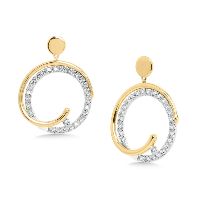 14K YELLOW & WHITE GOLD DANGLE DIAMOND EARRINGS WITH 52 = 0.38TW ROUND H-I I1 DIAMONDS   (2.57 GRAMS)