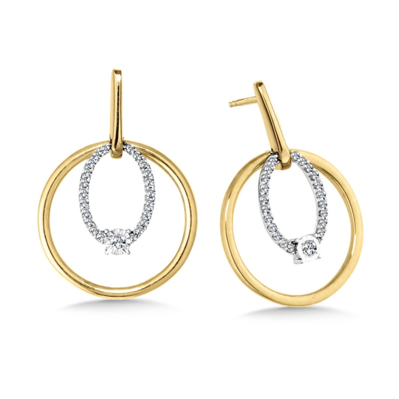 10K YELLOW & WHITE GOLD DANGLE DIAMOND EARRINGS WITH 46 = 0.14TW ROUND H-I I1 DIAMONDS   (2.52 GRAMS)