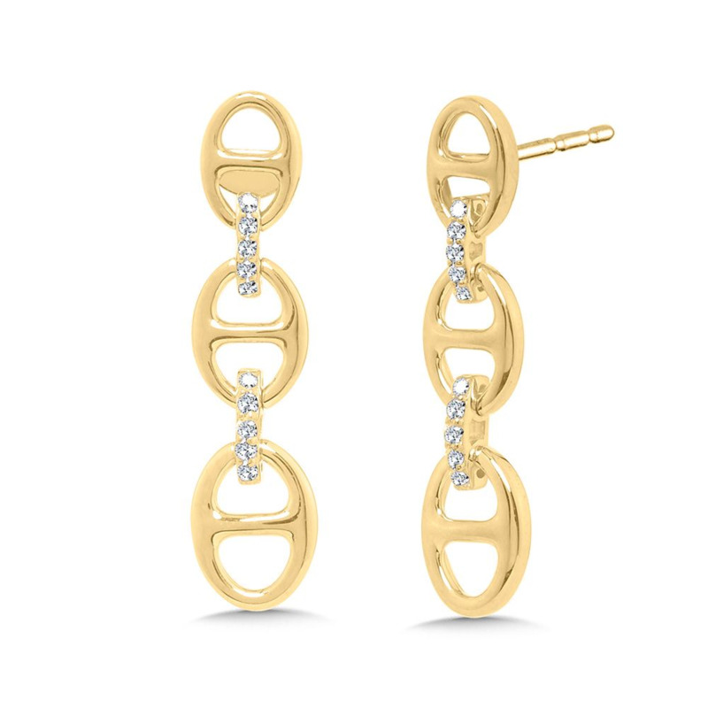 14K YELLOW GOLD DANGLE DIAMOND EARRINGS WITH 10 = 0.10TW ROUND H-I I1 DIAMONDS   (2.78 GRAMS)