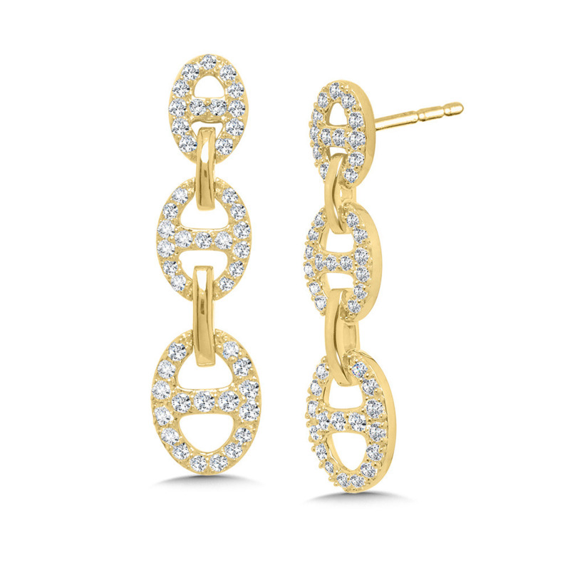 14K YELLOW GOLD DANGLE MARINER LINK DIAMOND EARRINGS WITH 90 = 0.75TW ROUND H-I I1 DIAMONDS   (3.32 GRAMS)