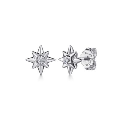 STERLING SILVER STUD STAR EARRINGS WITH 2=0.03TW ROUND H-I SI2 DIAMONDS   (1.27 GRAMS)