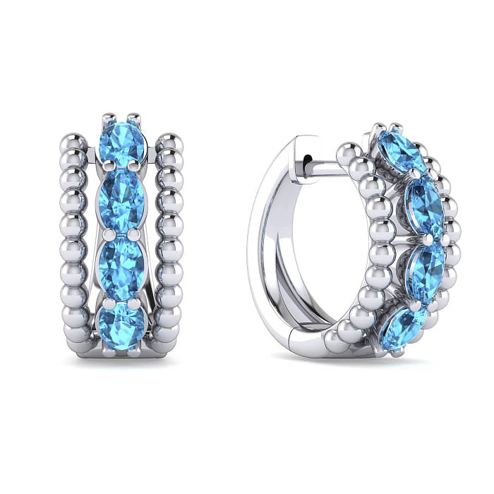 GABRIEL & CO BUJUKAN COLLECTION STERLING SILVER BEADED HUGGIE EARRINGS WITH 8=1.58TW OVAL BLUE TOPAZS   (4.32 GRAMS)