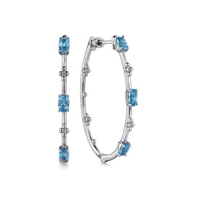 BUJUKAN COLLECTION STERLING SILVER BEADED 40MM HOOP EARRINGS WITH 6=1.58TW OVAL BLUE TOPAZS   (6.41 GRAMS)