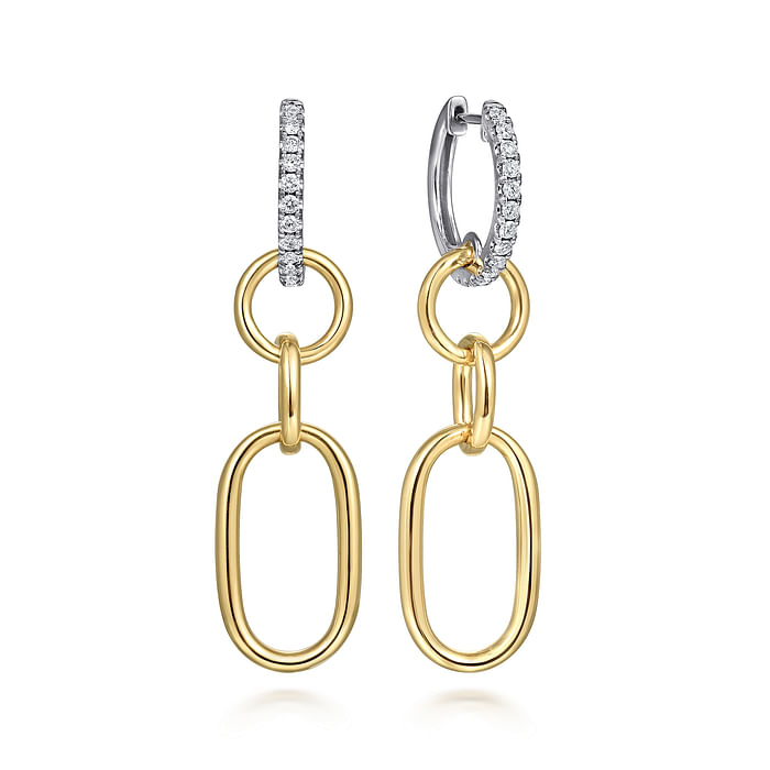 GABRIEL & CO 14K YELLOW & WHITE GOLD DANGLE DIAMOND EARRINGS WITH 26 = 0.35TW ROUND I-J SI1-SI2 DIAMONDS