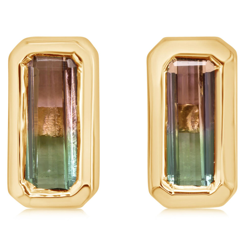 14K YELLOW GOLD STUD EARRINGS WITH 2=0.75TW EMERALD BI-COLOR TOURMALINES  (1.83 GRAMS)