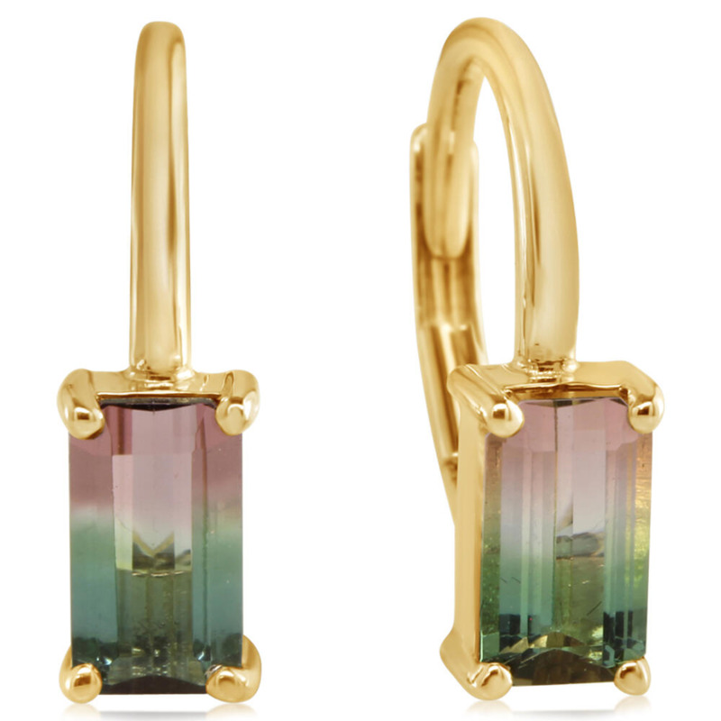 14K YELLOW GOLD DROP EARRINGS WITH 2=0.77TW EMERALD BI-COLOR TOURMALINES   (1.59 GRAMS)