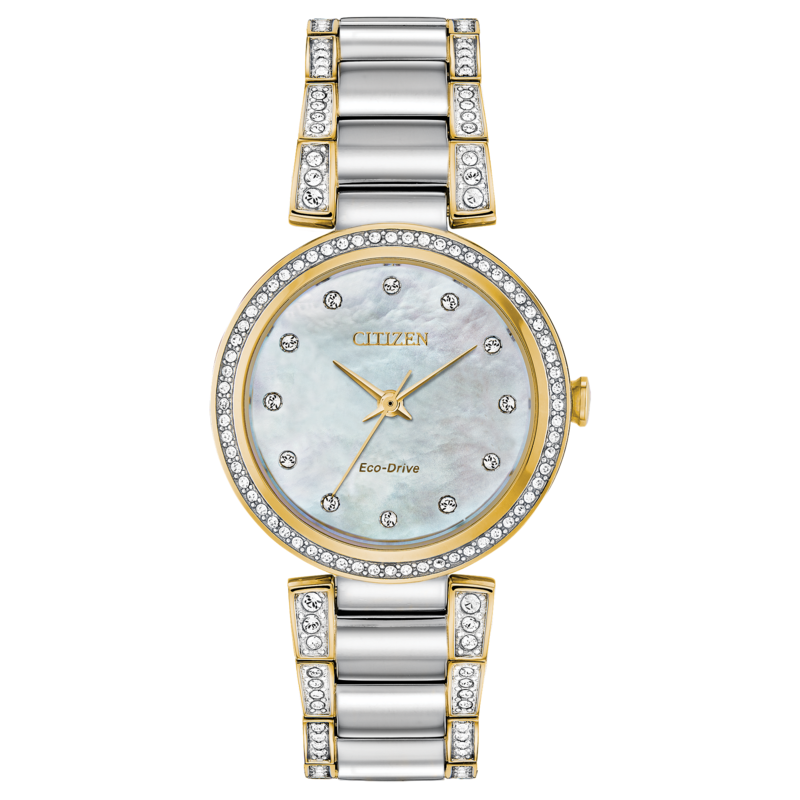 LADIES TWO-TONE ECO DRIVE WATCH WITH SWAROVSKI CRYSTALS AND MOTHER OF PEARL FACE