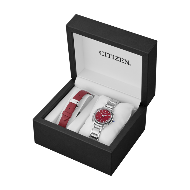 LADIES CITIZEN ECO DRIVE L ARCLY WATCH STAINLESS STEEL BRACELET STRAP AND CASE WITH RED MOTHER OF PEARL DIAL AND DIAMOND ACCENTS  INTERCHANGEABLE RED LEATHER STRAP