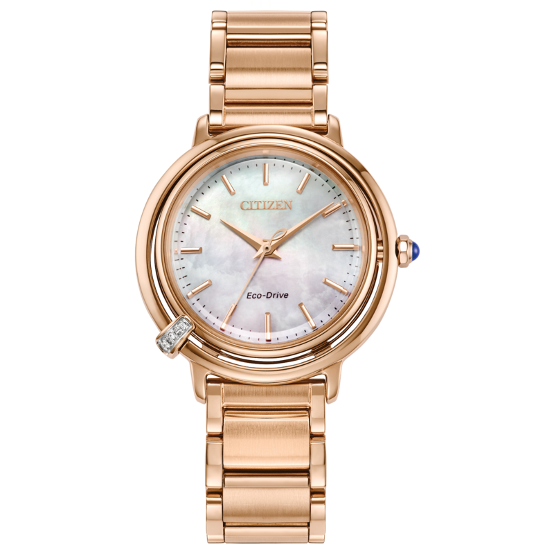 LADIES CITIZEN ECO DRIVE L ARCLY WATCH ROSE GOLD TONE STAINLESS STEEL BRACELET STRAP AND CASE WITH MOTHER OF PEARL DIAL AND DIAMOND ACCENTS  INTERCHANGEABLE WHITE LEATHER STRAP