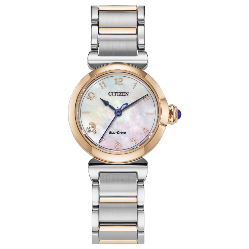 LADIES CITIZEN ECO DRIVE L MAE WATCH TWO TONE STAINELESS STEEL AND ROSE GOLD TONE BRACELET STRAP  ROSE GOLD TONE CASE WITH MOTHER OF PEARL DIAL AND DIAMOND ACCENTS