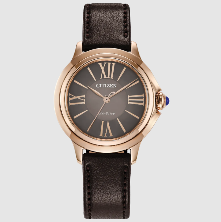 LADIES ECO DRIVE CECI WATCH ROSE GOLD TONE STAINLESS STEEL CASE  BROWN DIAL  AND BROWN LEATHER STRAP