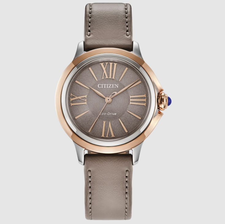 LADIES ECO DRIVE CECI WATCH ROSE GOLD TONE AND SILVER TONE STAINLESS STEEL CASE  TAUPE DIAL  AND TAUPE SYNTHETIC LEATHER STRAP